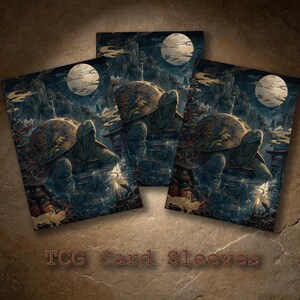 May include: Three rectangular TCG card sleeves featuring a dark, atmospheric illustration of a large turtle in a moonlit landscape with mountains, waterfalls, and traditional structures. The artwork displays deep blue and gold tones throughout.