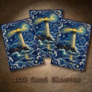 May include: Three rectangular card sleeves featuring a vibrant artistic illustration of a lighthouse on a rocky shore at night. The scene depicts swirling blue ocean waves, a starry sky with a crescent moon, and a glowing yellow lighthouse beam.
