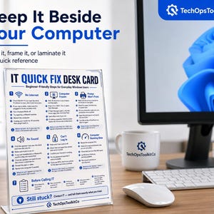 Può includere: Un supporto in acrilico trasparente che sostiene una scheda IT Quick Fix Desk Card con testo blu e nero. La scheda elenca i passaggi per la risoluzione dei problemi per gli utenti Windows, incluse sezioni per internet, PC bloccato e stampante.