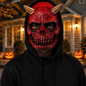 Può includere: Una maschera a forma di teschio rosso con corna dorate prominenti e texture facciali dettagliate, indossata con una felpa nera con cappuccio. La maschera presenta orbite profonde, una cavità nasale definita e una mascella con denti visibili.