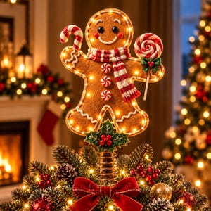 May include: A light-up gingerbread person tree topper featuring a red and white striped scarf, a candy cane, and a lollipop. The figure is decorated with three peppermint candies and sits atop a metal spring base adorned with green holly leaves.