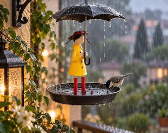 Metal Bird Feeder & Bird Bath | Hanging Umbrella Garden Feeder | Outdoor Bird Decor