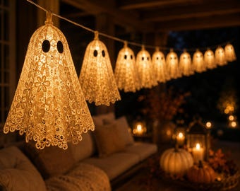May include: A string of decorative ghost-shaped lights featuring a cream-colored lace fabric with intricate floral patterns. Each ghost has two dark oval eyes and emits a warm, soft glow, suspended on a thin wire for hanging illumination.