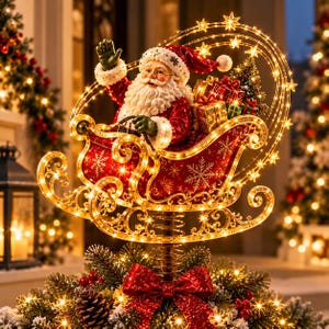 Op de afbeelding: Een kerstboompiek met de Kerstman in een rood pak in een rode arrenslee. De slee is omringd door een oplichtend gouden draadframe versierd met sterren en warmwitte lichtjes. Een grote rode glitterstrik bevindt zich aan de onderkant.