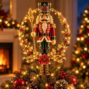 Op de afbeelding: Een kerstboompiek met een notenkraker-soldaat in een rood en groen uniform, die een gouden staf vasthoudt. Het figuur wordt omlijst door een cirkelvormige gouden krans versierd met hulstbladeren, rode bessen en warmwitte LED-verlichting.