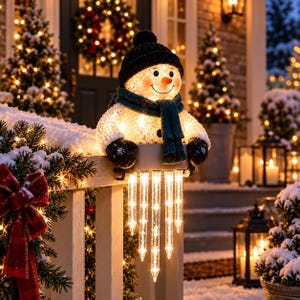 Pode incluir: Uma decoração de boneco de neve luminoso com gorro de malha preto, cachecol azul-petróleo escuro e luvas pretas. O boneco de neve tem um corpo brilhante, pende de um corrimão e tem cinco luzes transparentes em forma de pingente de gelo.