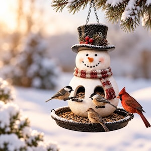May include: A snowman-shaped bird feeder hanging from a chain, featuring a black top hat with red berries, a red and white striped scarf, and two arched openings. The feeder is filled with birdseed, attracting three small birds and one red cardinal.