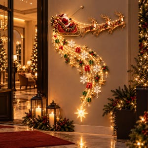 Pode incluir: Uma decoração de Natal de parede com um Pai Natal iluminado num trenó vermelho puxado por três renas. Uma cascata de luzes LED brancas quentes flui para baixo, adornada com pequenas caixas de presente, ornamentos dourados e flocos de neve.