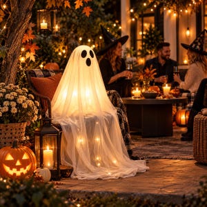 Puede incluir: Una decoración de fantasma blanca hecha de tela transparente drapeada sobre una silla, iluminada por luces cálidas internas. El fantasma presenta dos ojos ovalados negros y una boca ovalada más pequeña, creando una exhibición de Halloween brillante.