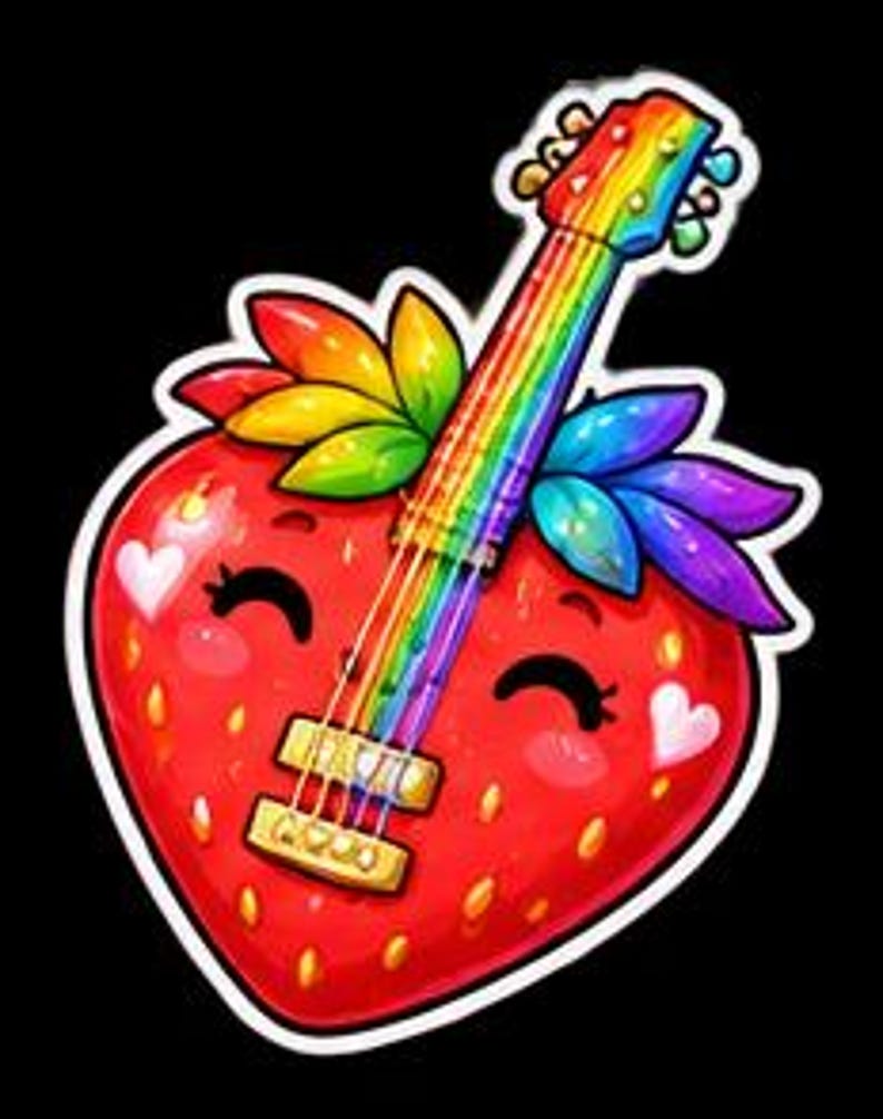 Strawberry Guitar Sticker, Kawaii Pastel Fruit Instrument Decal ...