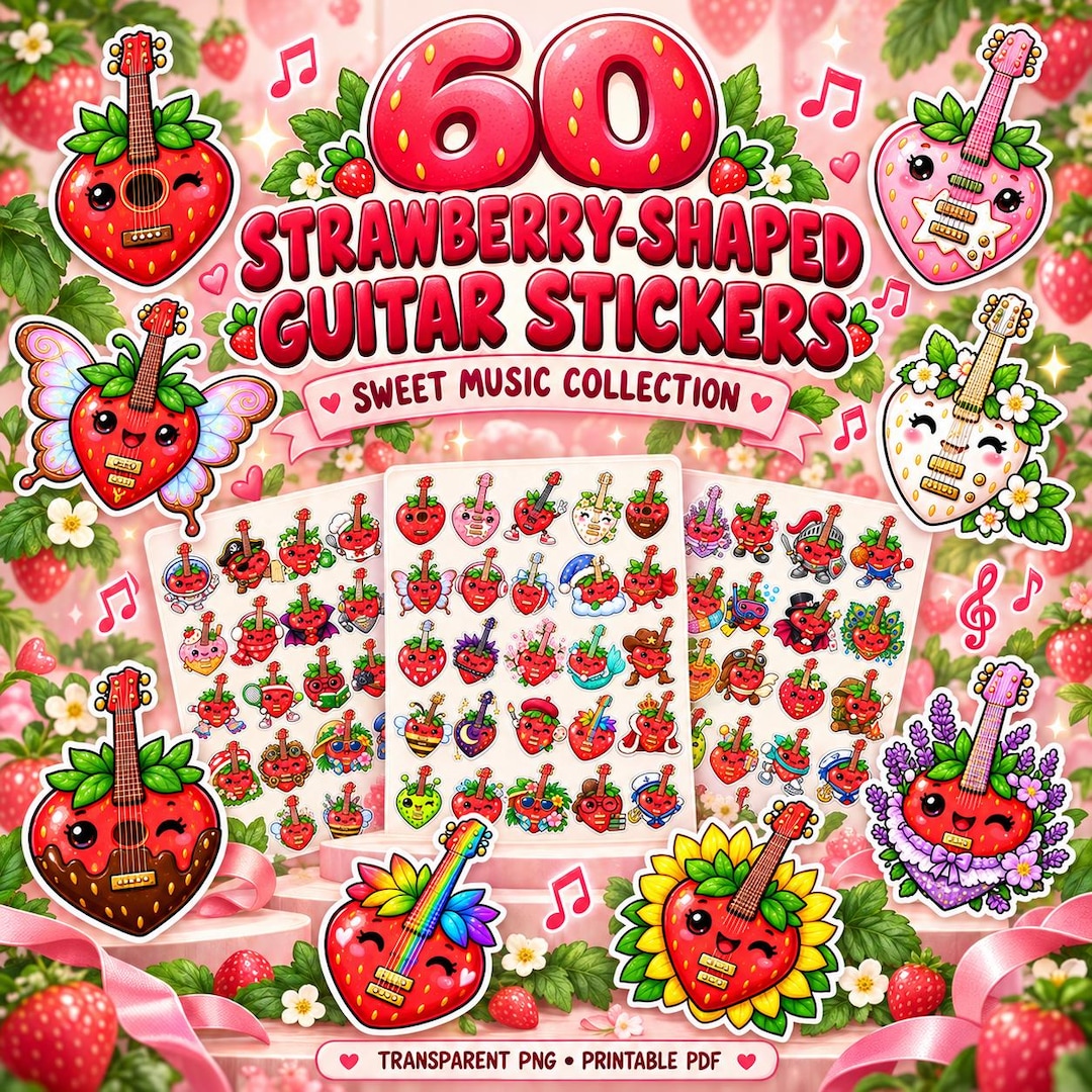 Strawberry Guitar Sticker, Kawaii Pastel Fruit Instrument Decal ...