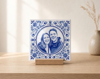 Delfts Blauw Fototegeltje met Eigen Foto, Echt Geglazuurd Keramiek uit Nederland, Persoonlijk Cadeau voor Bruiloft of Jubileum
