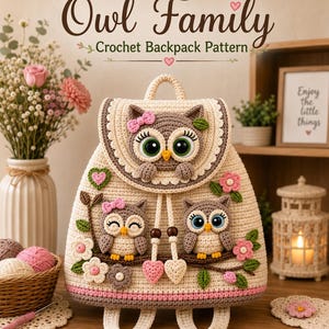 Mönster för virkad ryggsäck av familjen Owl (digital nedladdning)