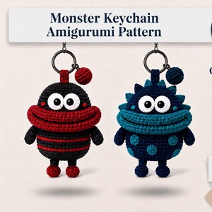 May include: Two amigurumi monster keychains with metal rings. One is black with red stripes and a red mouth, the other is dark blue with light blue spots and a teal mouth. Text reads: Monster Keychain Amigurumi Pattern, StitchCraft Creations, CraftedByRow, PDF Pattern, Easy to Follow, Unique Design, Instant Download, Skill Level: Intermediate.