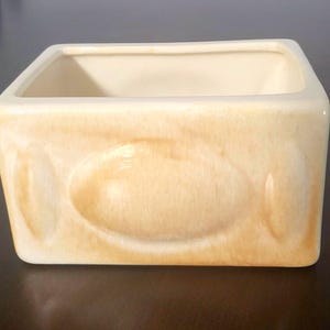 May include: A rectangular ceramic planter with a glossy, cream-colored glaze and a subtle, mottled beige finish. The exterior features a centered, raised oval design flanked by two smaller, vertical, semi-circular embossed accents on each side.