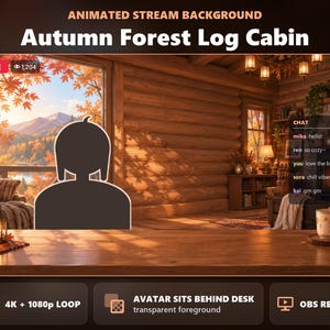 Può includere: Sfondo animato per streaming intitolato Autumn Forest Log Cabin che mostra una stanza in legno con camino, una scrivania e una vista su alberi autunnali. Include una chat, una sagoma scura di un avatar ed etichette per 4K e OBS.