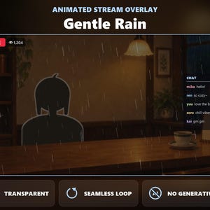 以下が含まれることがあります： Gentle Rainと題されたアニメーションストリームオーバーレイ。木製のテーブルにコーヒーカップを置いて座る人物の暗いシルエットが特徴です。シーンにはテキスト付きのライブチャットボックス、雨のエフェクト、透明、シームレスループ、生成AIなしのラベルが含まれています。
