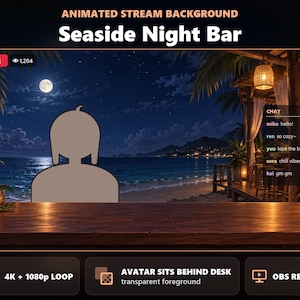May include: An animated stream background titled Seaside Night Bar featuring a wooden desk in the foreground and a beach scene at night with a full moon, palm trees, and a chat box overlay. A gray silhouette of an avatar sits behind the desk.