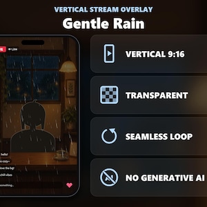 Może przedstawiać: Pionowa nakładka do streamingu zatytułowana Gentle Rain, przedstawiająca interfejs smartfona z oknem czatu na żywo, sylwetką osoby i deszczem padającym za oknem. Grafika zawiera ikony dla formatu pionowego 9:16, przezroczystości, płynnej pętli i braku generatywnej sztucznej inteligencji.