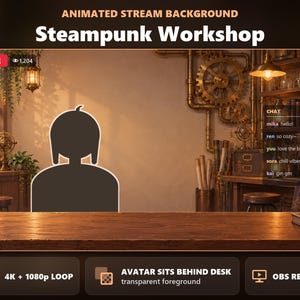Op de afbeelding: Een geanimeerde stream-achtergrond genaamd Steampunk Workshop met een houten bureau, koperen tandwielen, buizen en een chat-overlay. De scène bevat een silhouet-placeholder voor een avatar, hangende lantaarns en boekenplanken in een warme kamer.