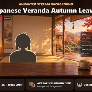 Könnte beinhalten: Ein animierter Stream-Hintergrund mit dem Titel Japanese Veranda Autumn Leaves, der eine dunkle Silhouette eines Avatars hinter einem Holztisch zeigt. Die Szene zeigt eine japanische Veranda mit Blick auf einen Garten mit roten Herbstbäumen.