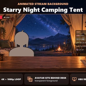 Animerad VTuber-bakgrund | Stjärnklar natt-campingtält | 4K + 1080p sömlös loop + transparent förgrund PNG | OBS Stream Overlay