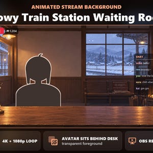 May include: An animated stream background titled Snowy Train Station Waiting Room featuring a wooden desk in the foreground, a silhouette for an avatar, and a view of a snowy landscape through a large window with a chat box overlay on the right.