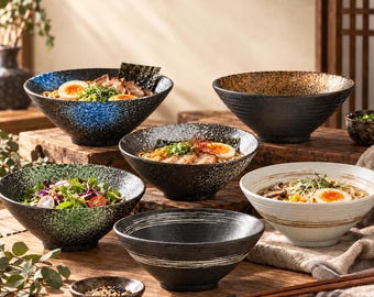 Tigelas de Ramen Japonesas Vintage em Cerâmica - Tigelas de Grés com Esmalte Variado em Forno, 2 Tamanhos, Tigelas Rústicas Artesanais para Sopa