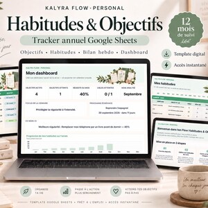 May include: A digital Google Sheets habit and goal tracker template displayed on a laptop screen and multiple tablets. The interface features a dashboard with progress charts, monthly summaries, and task lists in a clean, white, and green layout.