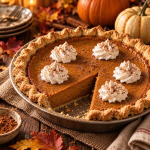 Puede incluir: Una tarta de calabaza redonda en un molde de metal con borde ondulado, con un relleno naranja suave cubierto con cinco porciones de nata montada blanca espolvoreada con canela. Se ha retirado una porción de la tarta, revelando su textura.