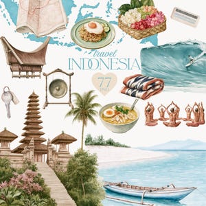 Puede incluir: Una colección de ilustraciones en acuarela con temas de viajes a Indonesia, que incluye una casa tradicional, un templo, una tabla de surf en una ola, una sopa, arroz frito, un gong, una palmera, un barco y el texto travel INDONESIA 77 PNG.