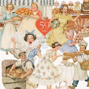 Könnte beinhalten: Eine digitale Sammlung von 59 PNG-Bildern mit Vintage-Bäckerei-Illustrationen. Das Set enthält verschiedene Charaktere in Retro-Kleidung, wie Bäcker und Kinder, sowie Backwaren wie Brot, Torten und Cupcakes in einem klassischen Stil.