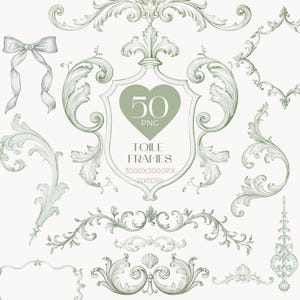 Peut inclure: Une collection d'éléments graphiques numériques vert sauge comprenant des volutes ornées, des fioritures, un nœud et des cadres. Le bouclier central contient le texte 50 PNG, TOILE FRAMES, 3000X3000PX, 300DPI. Ces éléments décoratifs sont disposés sur un fond uni.