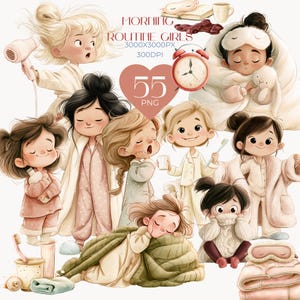 May include: A digital collection of illustrations titled Morning Routine Girls 3000x3000px 300dpi 55 PNG featuring various characters in pajamas, robes, and sleep masks, with accessories like a hair dryer, alarm clock, toothbrush, and blankets.