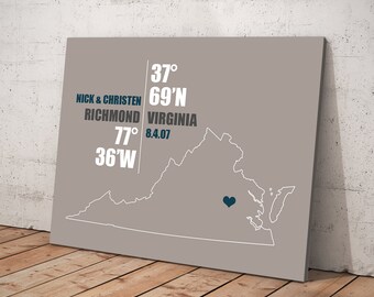 Virginia Coordinate Wedding or Anniversary Gift, Any State or Country Map Print, Bride and Groom Names, Place and Date, Bridal Shower Gift