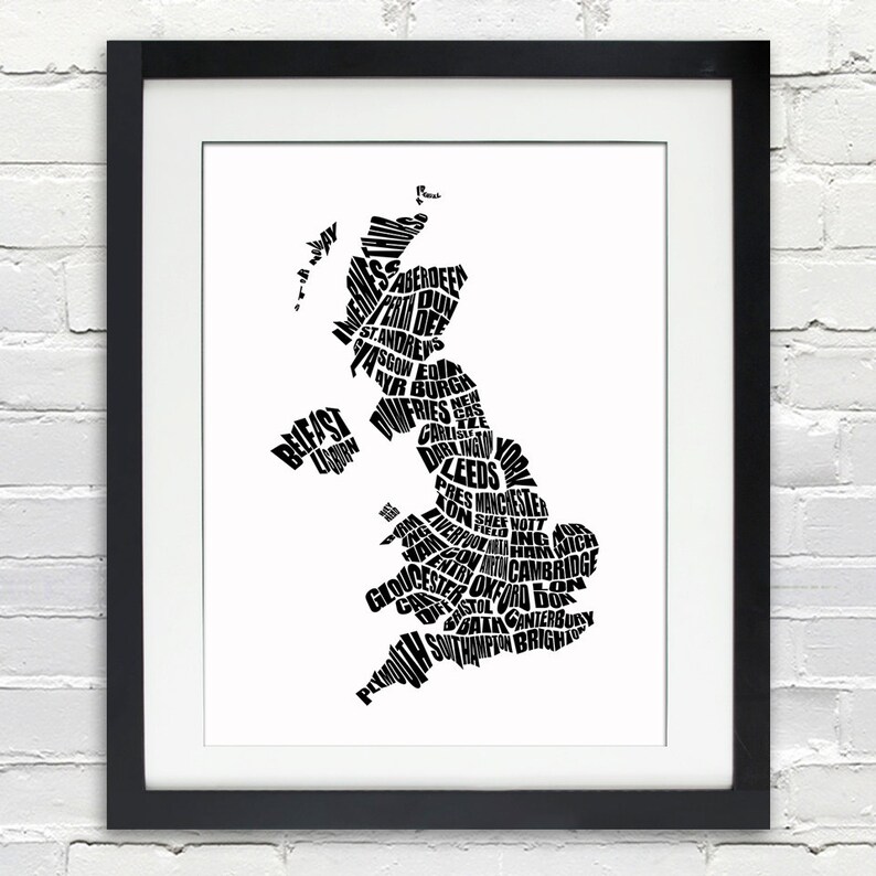 United Kingdom Word Map A typographic word map of Cities of United Kingdom, Home Decor Wall Art, Black and White, Canvas or Print, Moving image 1