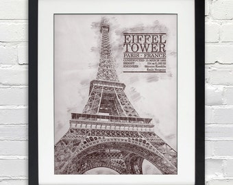 Eiffel Tower Sketch Print, Typography Poster, Print or Canvas, Paris France Building and Icon, 8x10, 11x14, 16x20, 20x30