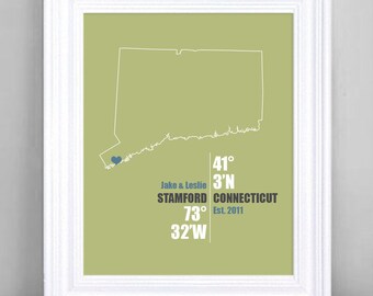 Connecticut Coordinate Wedding or Anniversary Gift, Any State or Country Map Print, Bride & Groom Names, Place and Date, Bridal Shower Gift