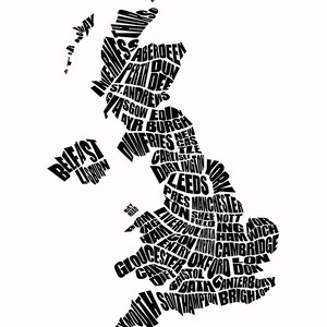 United Kingdom Word Map A typographic word map of Cities of United Kingdom, Home Decor Wall Art, Black and White, Canvas or Print, Moving image 3