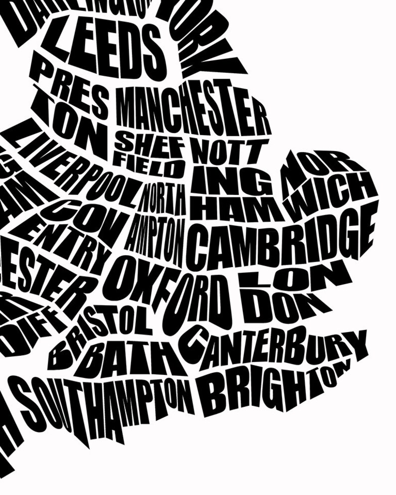 United Kingdom Word Map A typographic word map of Cities of United Kingdom, Home Decor Wall Art, Black and White, Canvas or Print, Moving image 4