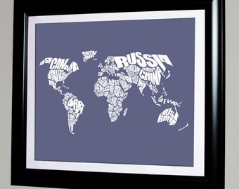 World Word Map - Typography, Custom Color Choice, 8x10, 11x14, 16x20, 20x30 Print or Canvas