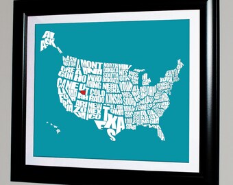 Custom USA Word Map with Your HOME shown, Housewarming, Moving, Mothers Day, Wedding Gift, Any Location Available, Custom Color Choice