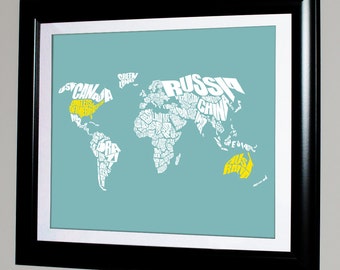 World Word Map with Country Highlighted - Print or Canvas, Personalized Gift, Wedding, Anniversary, Bridal Shower, Moving, Home Decor Ideas,