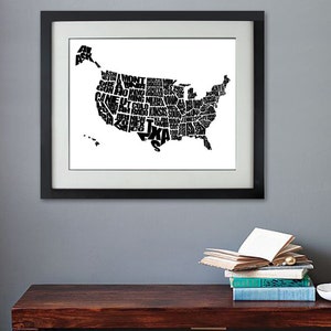 USA Word Map A Black and White Typographic Map of the United States of America, Home Decor, Print or Canvas, Graduation Gift, Kids Bedroom image 1