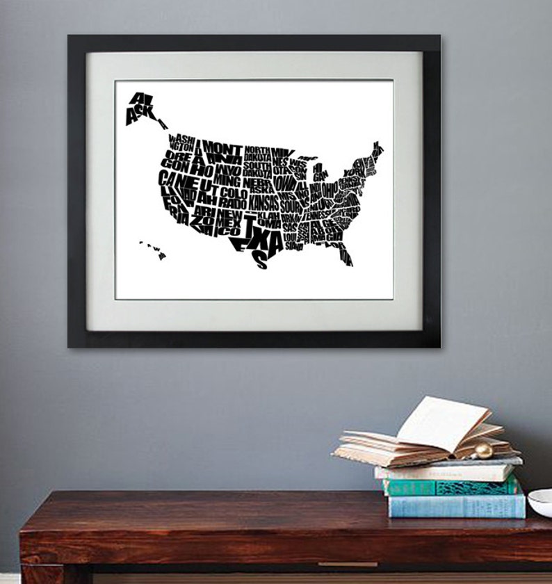 USA Word Map A Black and White Typographic Map of the United States of America, Home Decor, Print or Canvas, Graduation Gift, Kids Bedroom image 1