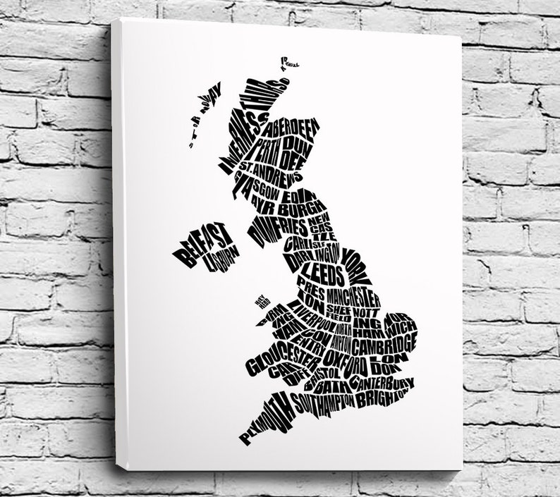 United Kingdom Word Map A typographic word map of Cities of United Kingdom, Home Decor Wall Art, Black and White, Canvas or Print, Moving image 2