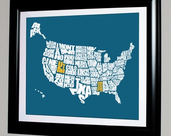 U.S.A. Typography Map with State Highlighted, A typographic word map of the United States of America, Travel Map Art, Typography Stencil, US