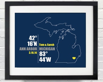 Michigan Coordinate Personalized Wedding or Anniversary Gift, Map Print or Canvas, Bridal Shower Gift Ideas, Bride and Groom Names