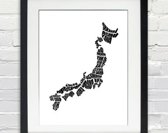 Japan Word Map - A typographic word map of Japanese Cities, Home Decor, Black and White, Canvas or Print, Moving Gift, Japanese Map Art