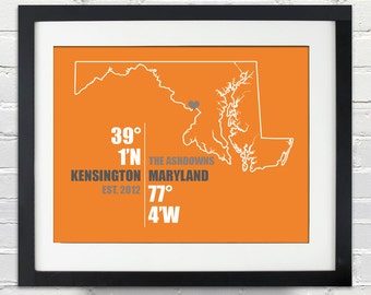 Maryland Coordinate Wedding or Anniversary Gift, State or Country Map Print, Bride and Groom Names, Place and Date, Bridal Shower Gift